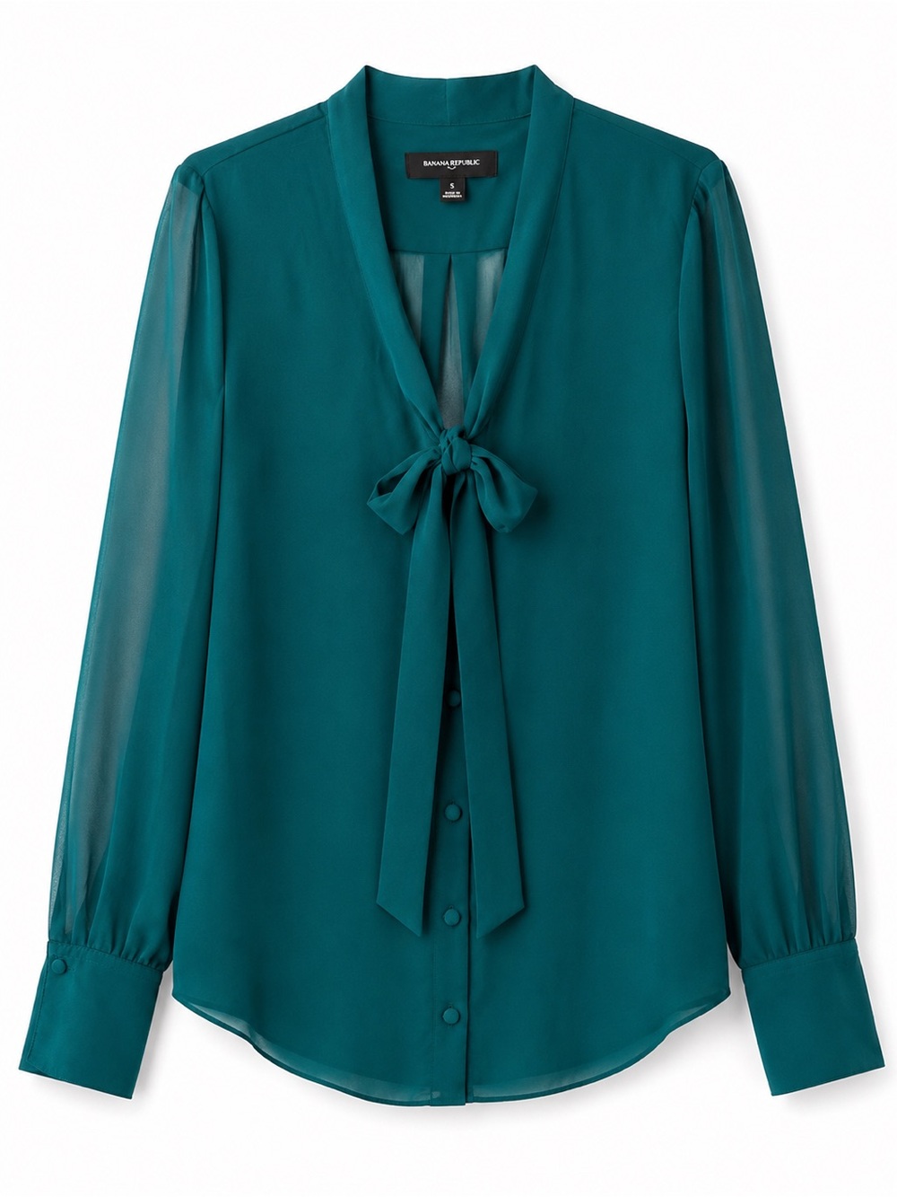 Banana Republic Sapphire Green Tie Neck Blouse Small Long Sleeve Sheer Top